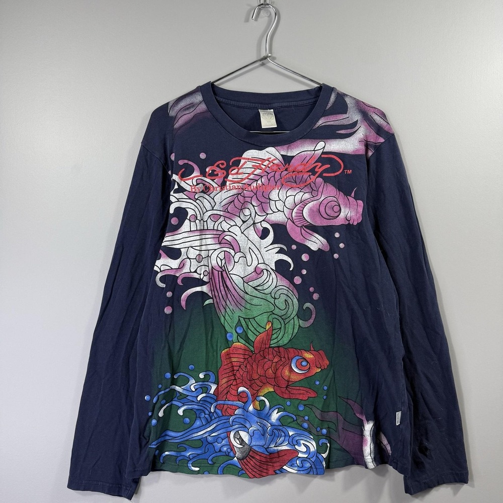 Y2K Ed Hardy Shirt Womens XXL Blue Long Sleeve Koi Fish Tattoo Graphic Tee
